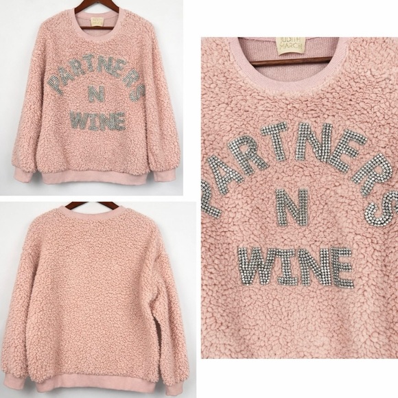 Judith March Pink Sherpa S Sweatshirt Partners N Wine Rhinestone Lettering - Picture 3 of 8